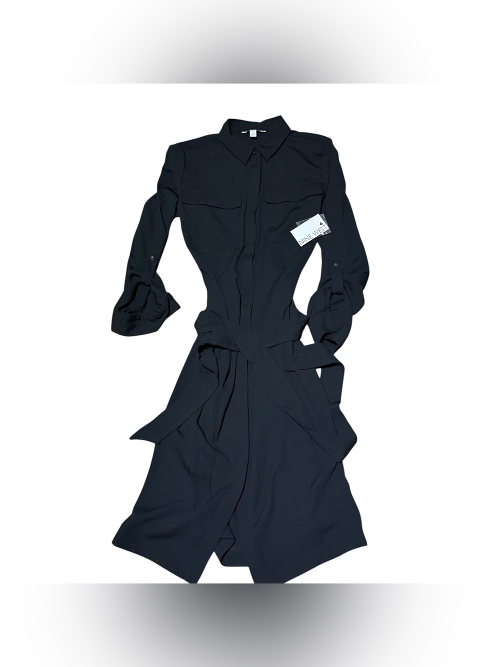 NEW Nine West Midi Shirt Dress Large Black Belted Long Sleeve. Length 42”